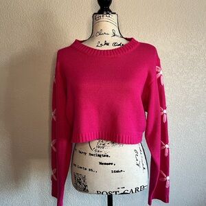 Hot Pink Knit Soft Girl Floral Accent Cropped Sweater